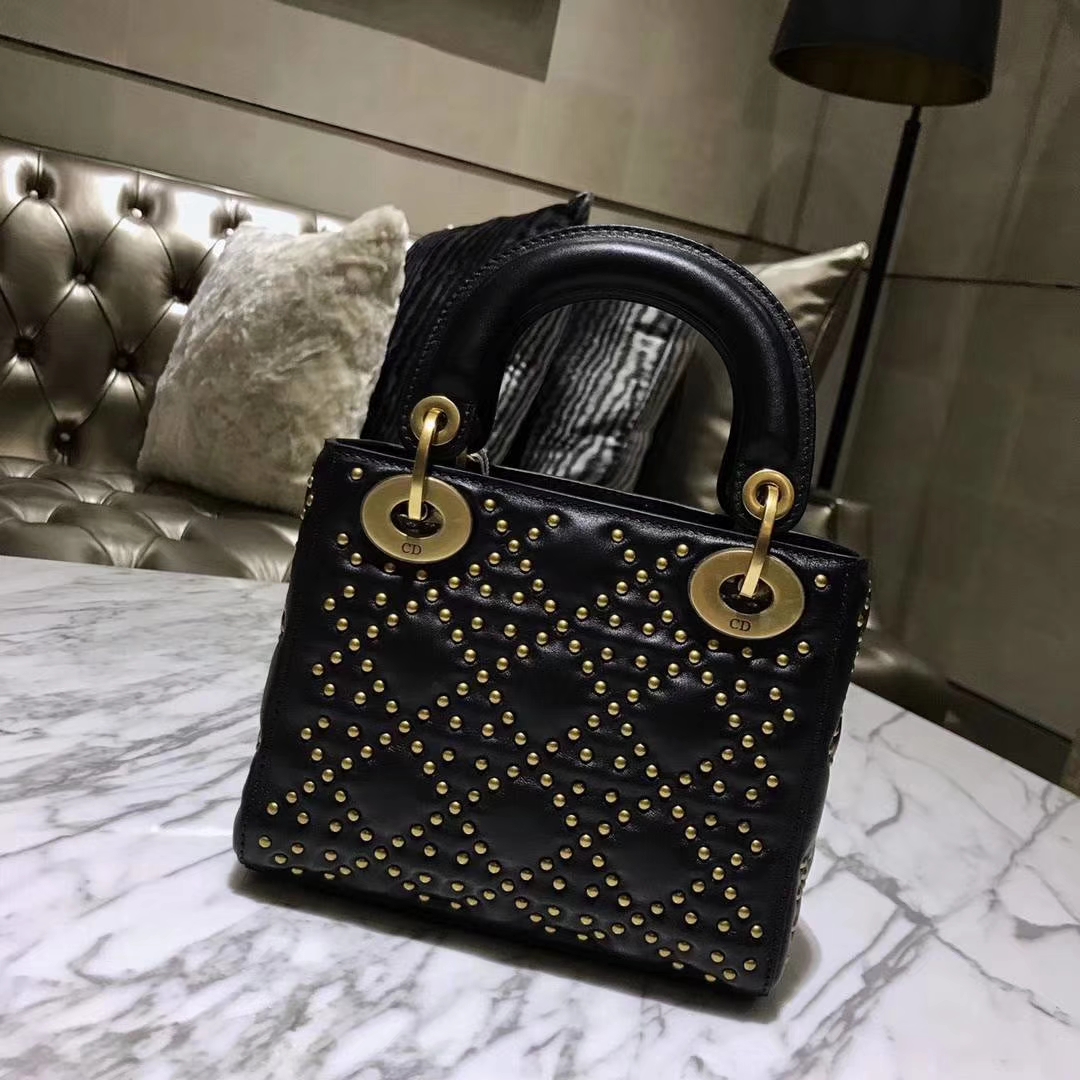 Dior 迪奥 三格 17cm 黑色 复古风牛皮铆钉包