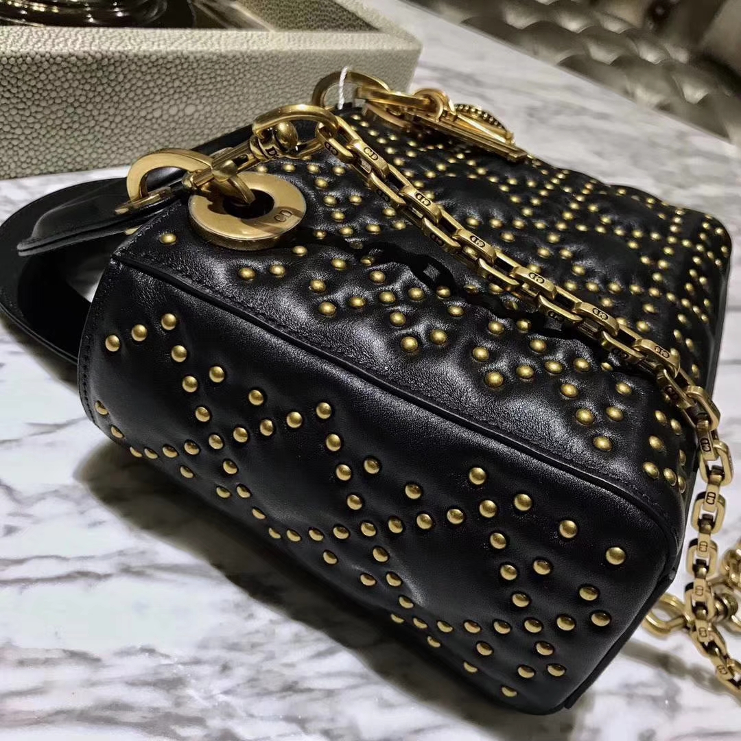 Dior 迪奥 三格 17cm 黑色 复古风牛皮铆钉包
