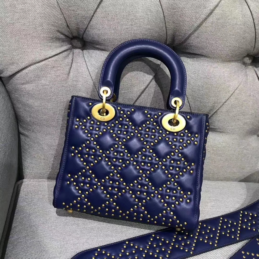 Dior 五格（24cm）复古风牛皮铆钉包 蓝色 戴妃包 Lady Dior