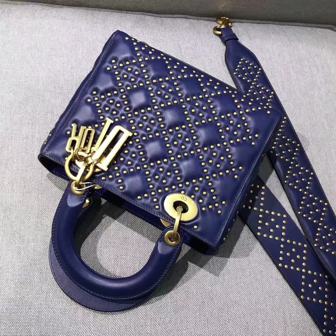 Dior 五格（24cm）复古风牛皮铆钉包 蓝色 戴妃包 Lady Dior