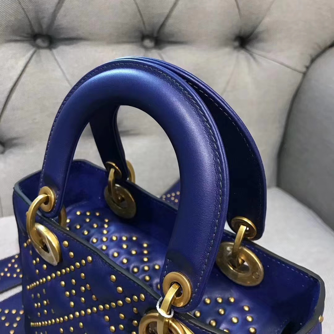 Dior 五格（24cm）复古风牛皮铆钉包 蓝色 戴妃包 Lady Dior