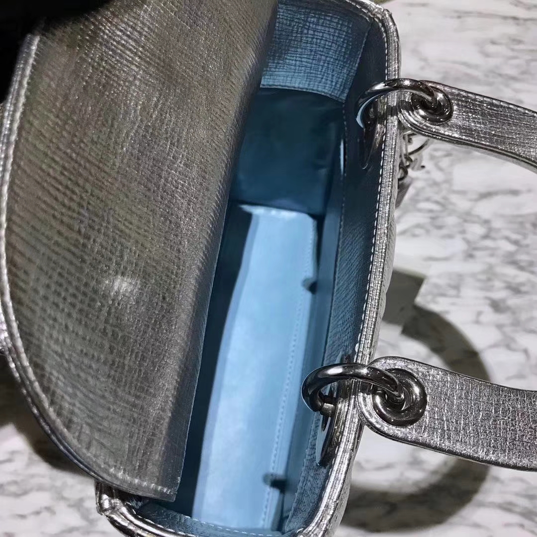 Dior 迪奥 Lady戴妃包 牛皮大象纹 金属银 翻盖式开口设计