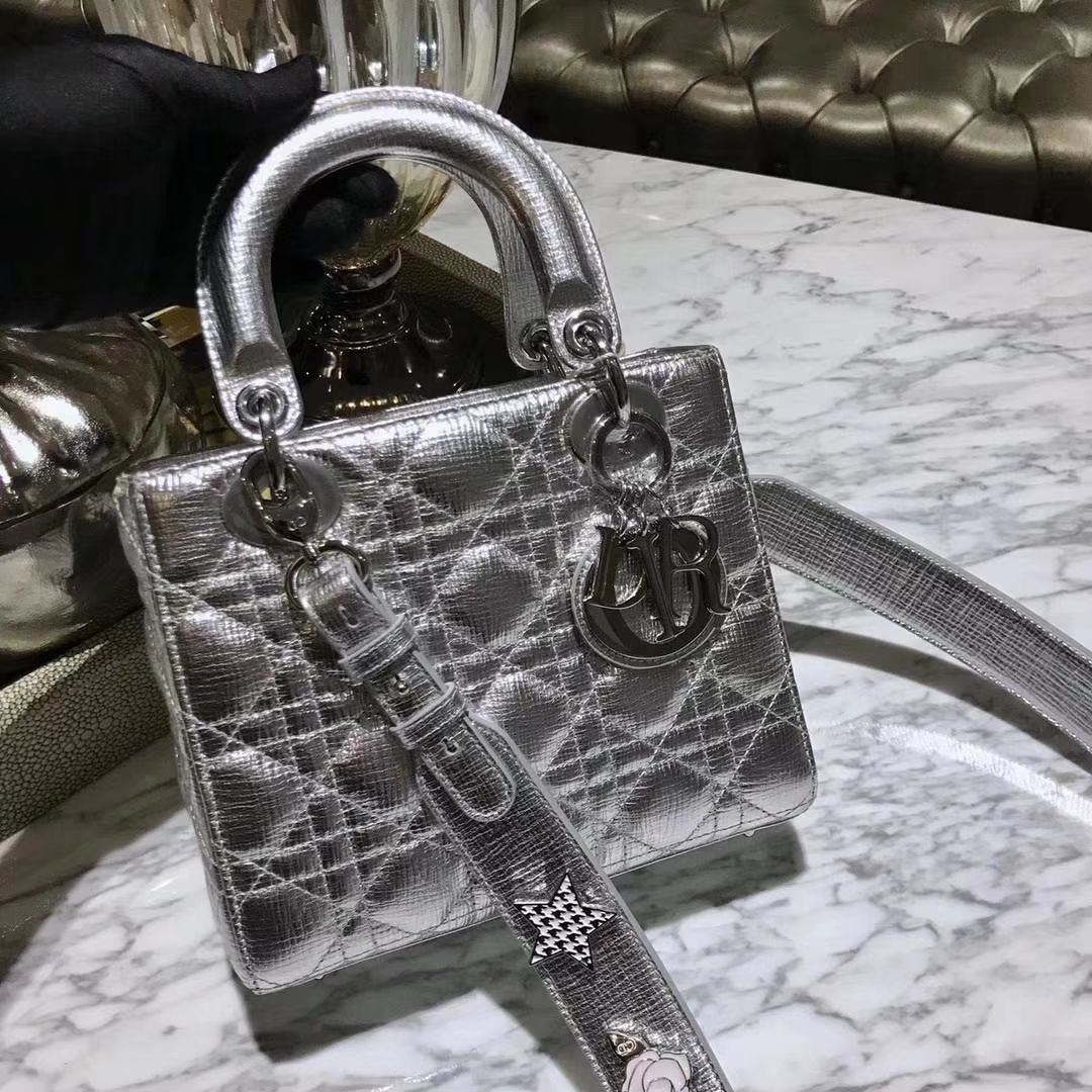 Dior 迪奥 Lady戴妃包 牛皮大象纹 金属银 翻盖式开口设计