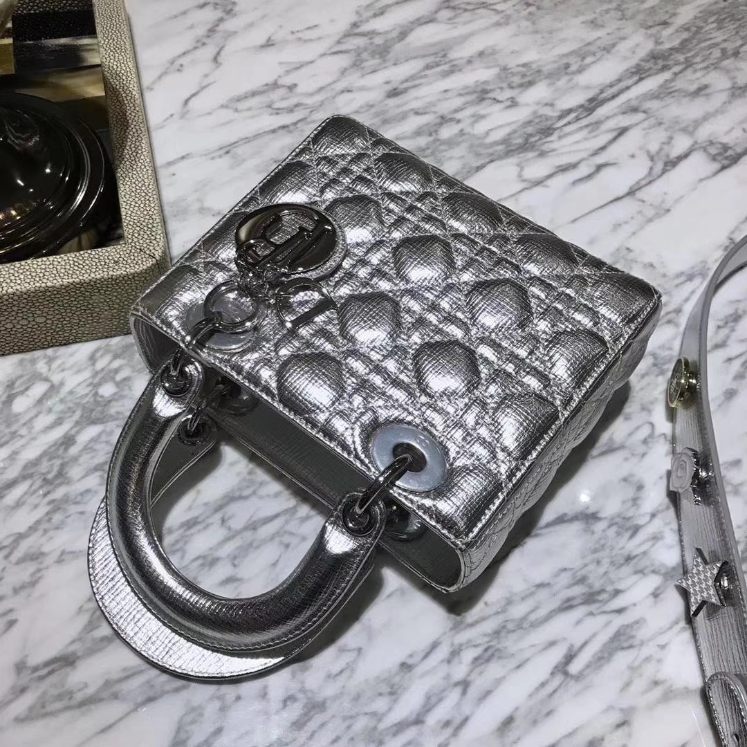 Dior 迪奥 Lady戴妃包 牛皮大象纹 金属银 翻盖式开口设计