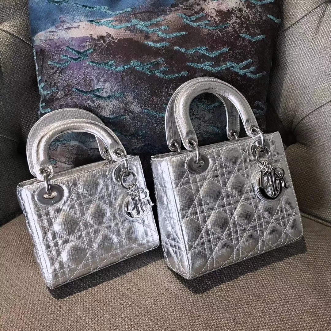Dior 迪奥 Lady戴妃包 牛皮大象纹 金属银 翻盖式开口设计