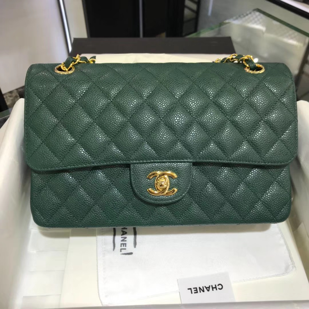 CF 小香 最经典系列 专柜最新颜色 孔雀绿配上金色五金 中号25cm 现货