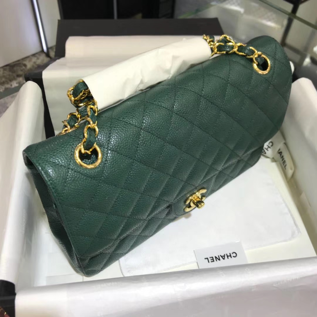CF 小香 最经典系列 专柜最新颜色 孔雀绿配上金色五金 中号25cm 现货