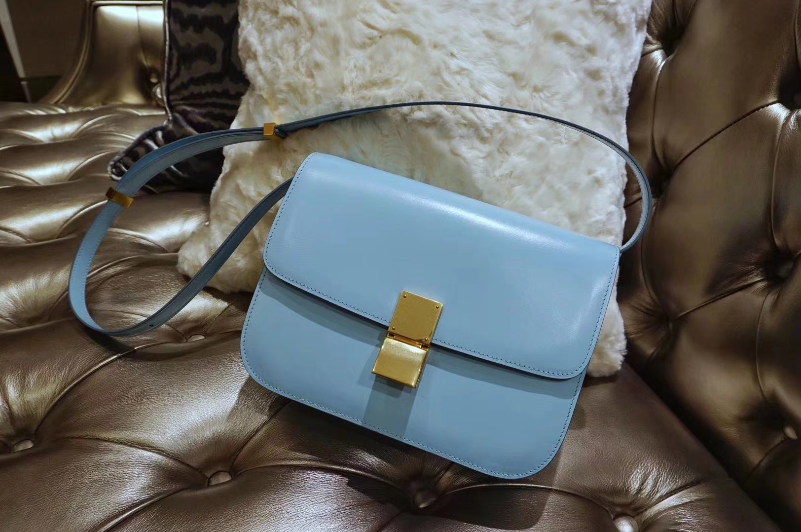 Celine 思琳 box 豆腐包 云雾蓝 中号24cm 原厂进口头层牛皮 广州白云皮具城
