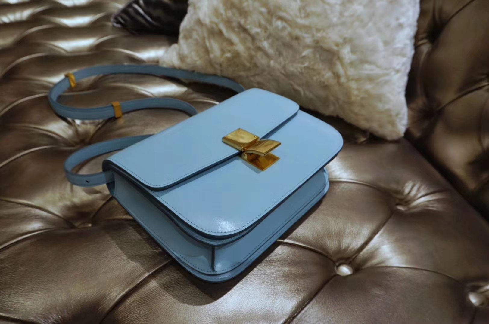 Celine 思琳 box 豆腐包 云雾蓝 中号24cm 原厂进口头层牛皮 广州白云皮具城
