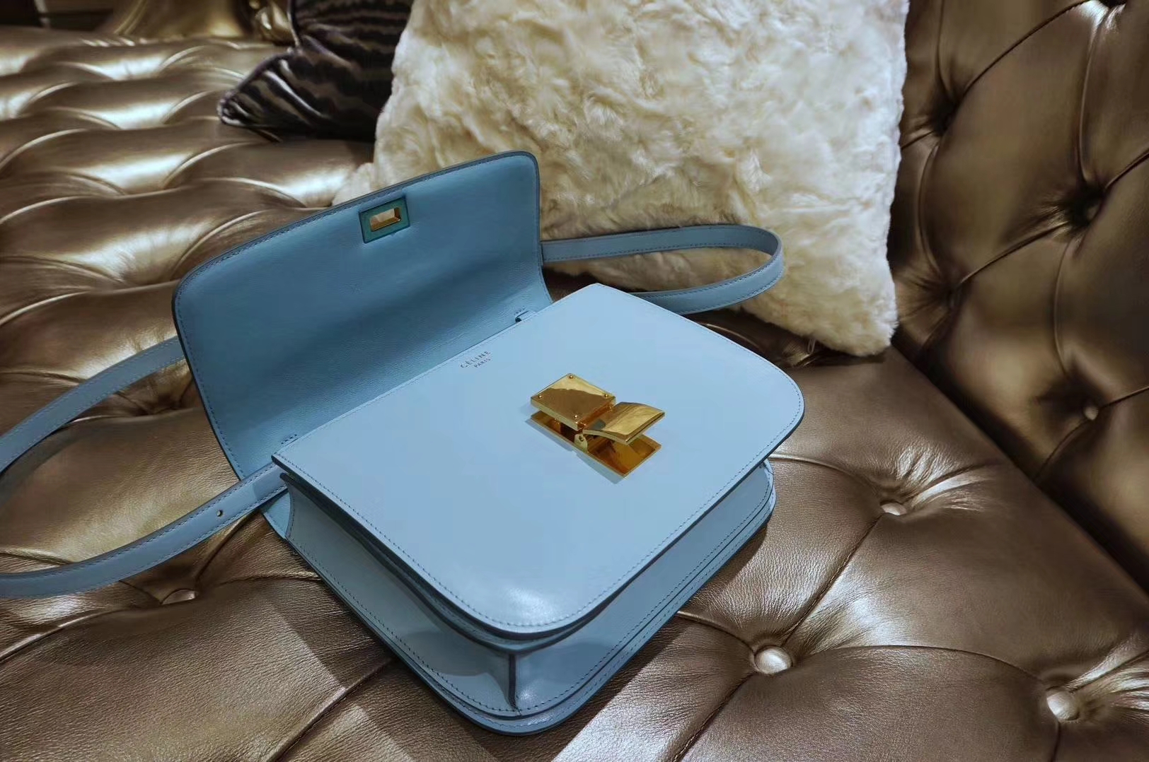 Celine 思琳 box 豆腐包 云雾蓝 中号24cm 原厂进口头层牛皮 广州白云皮具城