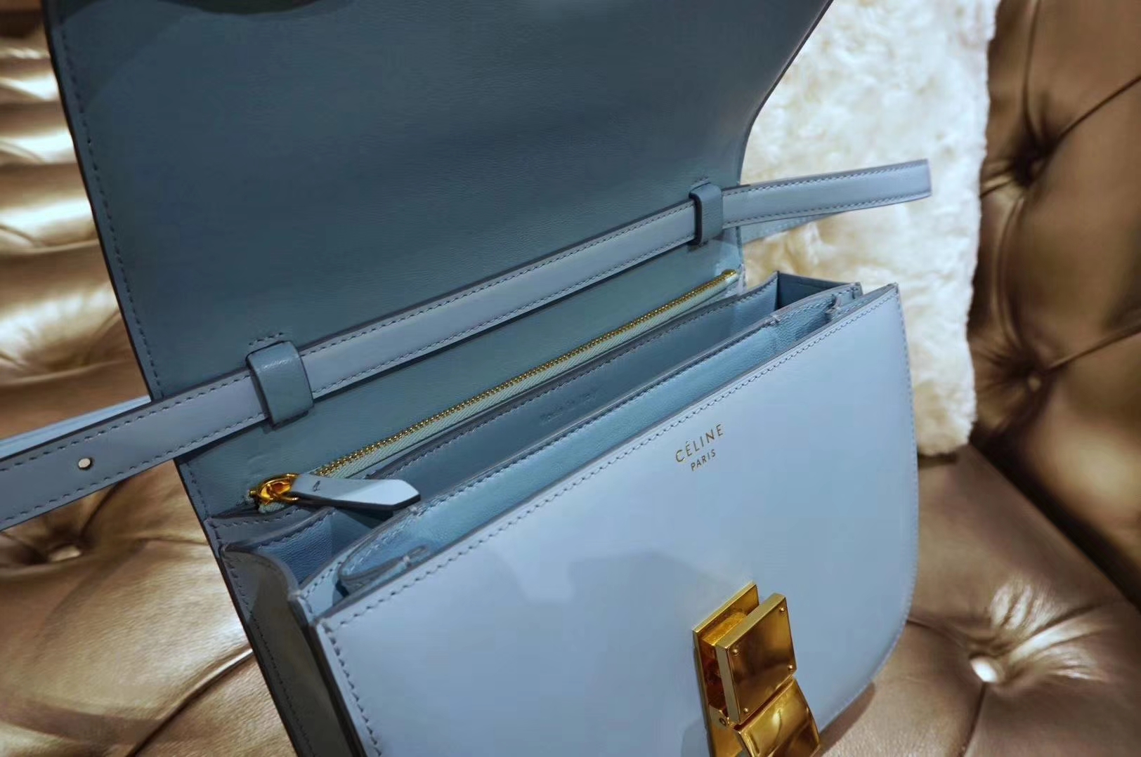 Celine 思琳 box 豆腐包 云雾蓝 中号24cm 原厂进口头层牛皮 广州白云皮具城