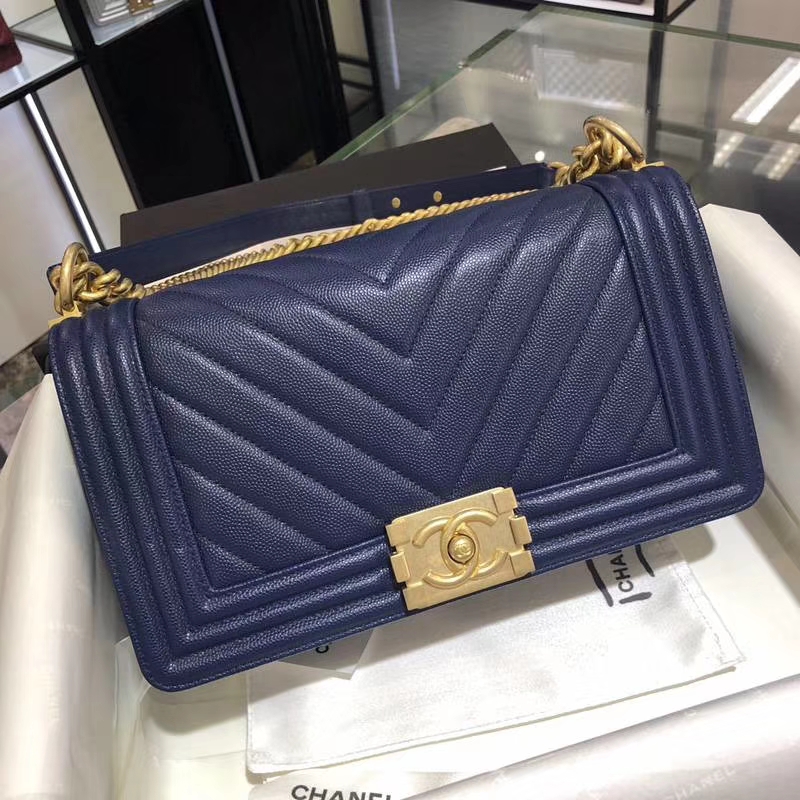 Chanel 香奈儿 Leboy Bag 大V 小鱼子酱 海军蓝 25cm 磨砂五金