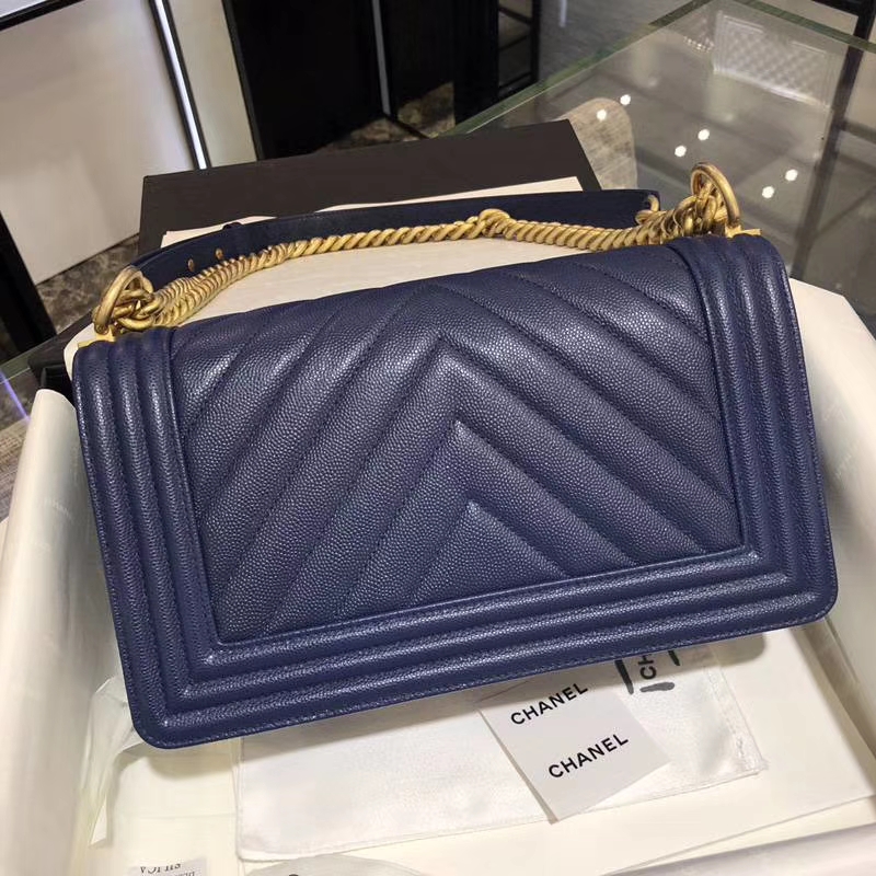 Chanel 香奈儿 Leboy Bag 大V 小鱼子酱 海军蓝 25cm 磨砂五金