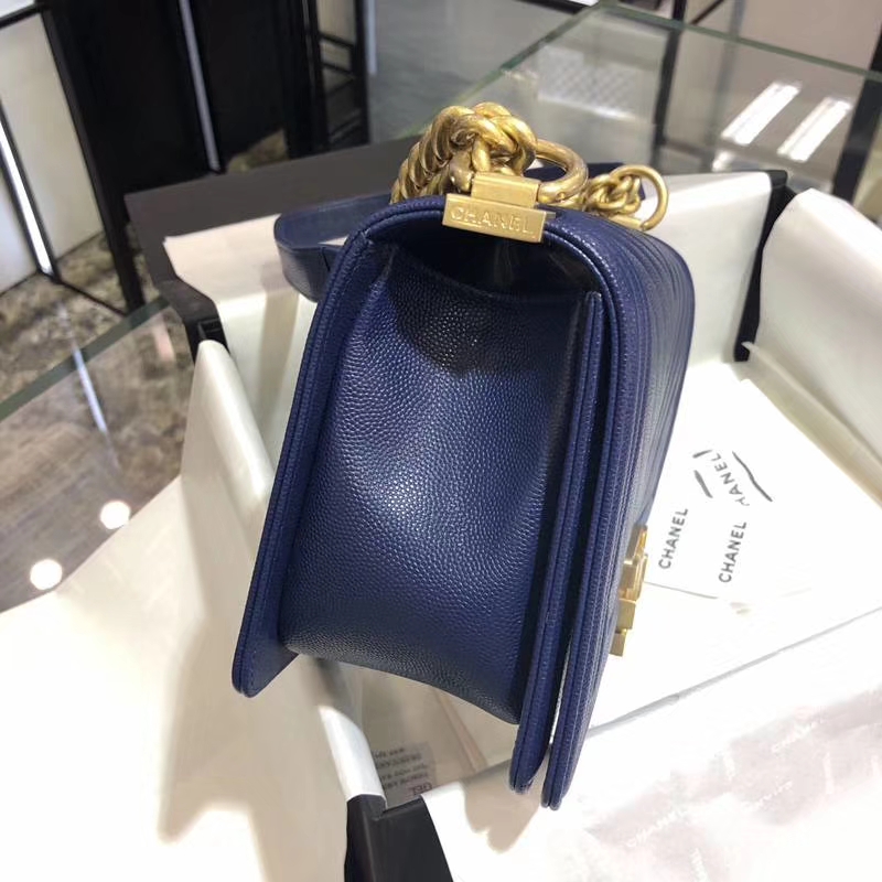 Chanel 香奈儿 Leboy Bag 大V 小鱼子酱 海军蓝 25cm 磨砂五金