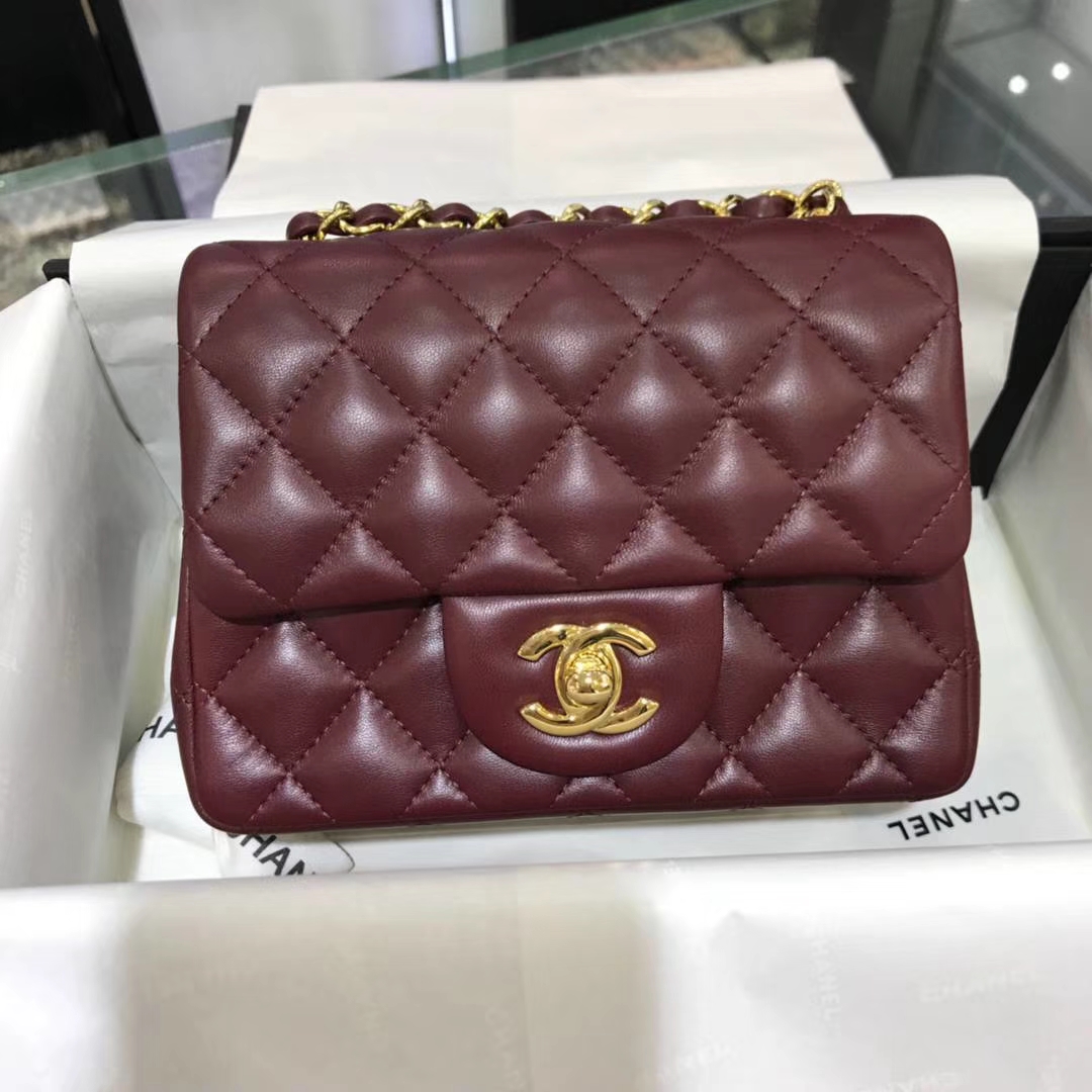 Chanel 香奈儿 方胖子 17cm 原厂皮小羊皮 酒红