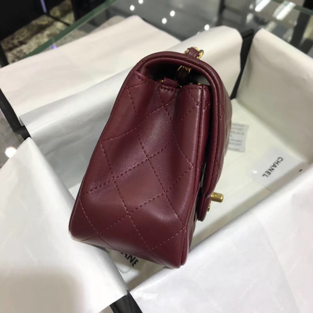 Chanel 香奈儿 方胖子 17cm 原厂皮小羊皮 酒红