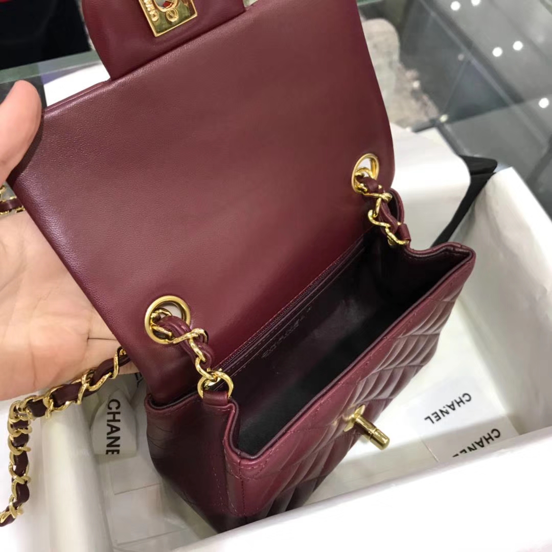 Chanel 香奈儿 方胖子 17cm 原厂皮小羊皮 酒红