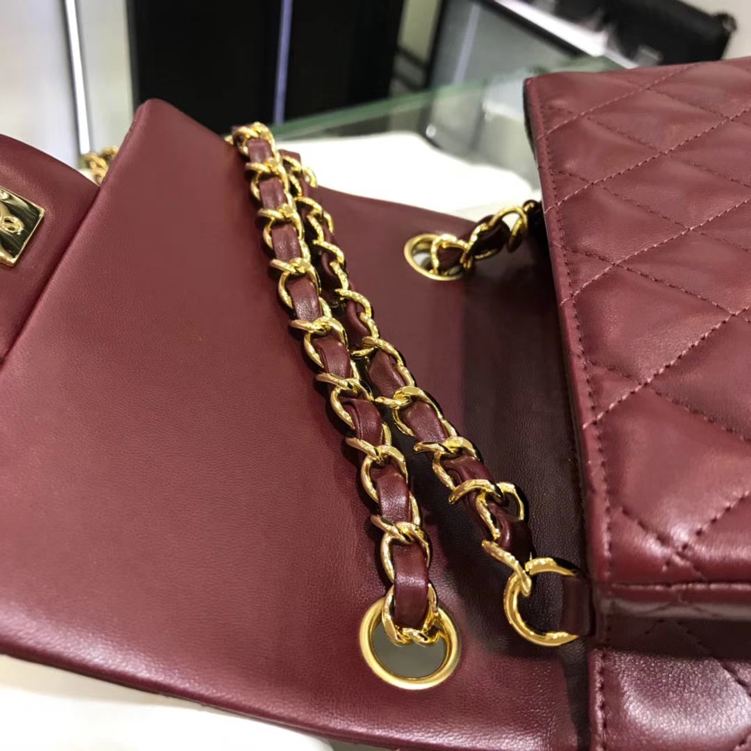 Chanel 香奈儿 方胖子 17cm 原厂皮小羊皮 酒红