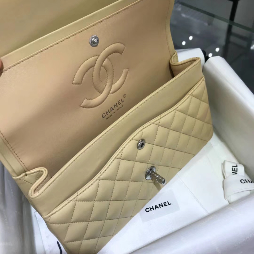 Chanel 香奈儿 CF经典系列  25cm 原厂皮小羊皮 杏色 银色 
