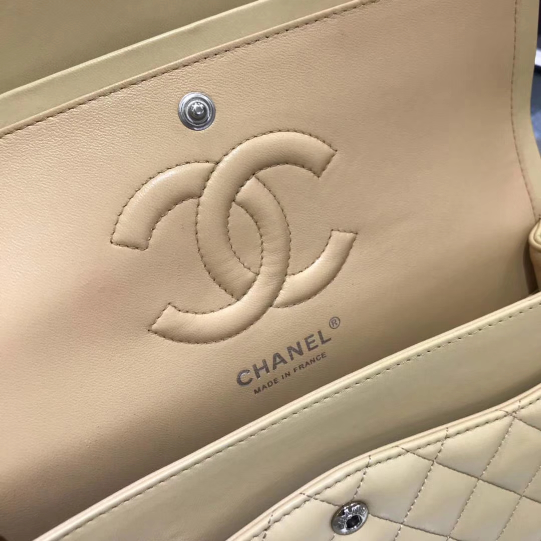 Chanel 香奈儿 CF经典系列  25cm 原厂皮小羊皮 杏色 银色 