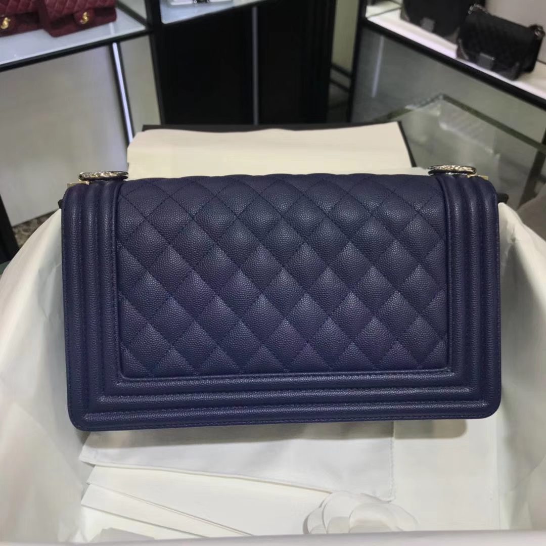 Chanel 香奈儿 Leboy 25cm 原厂皮小鱼子酱 海军蓝 银色 五金