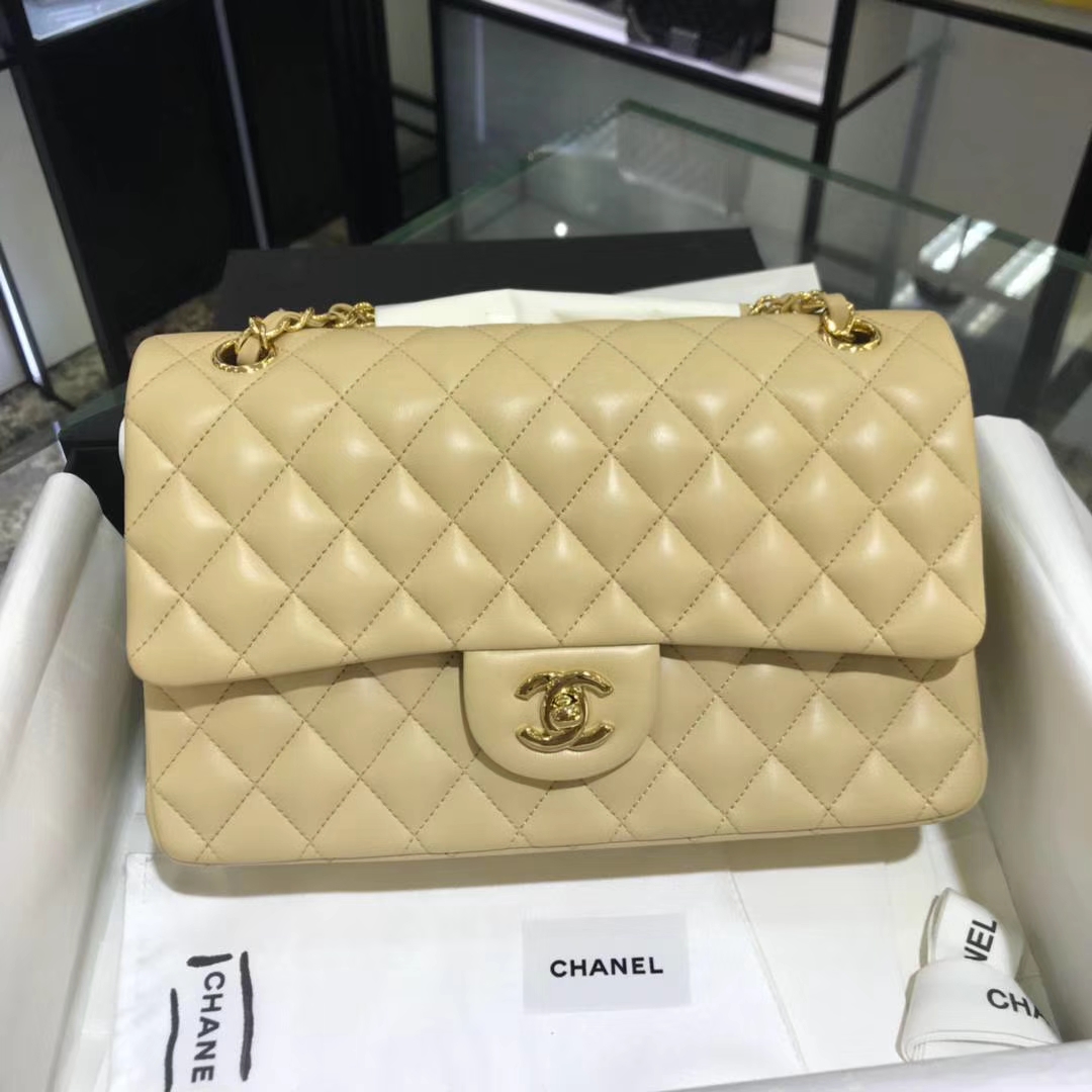Chanel 香奈儿 CF经典系列  25cm 原厂皮小羊皮 杏色 金色五金
