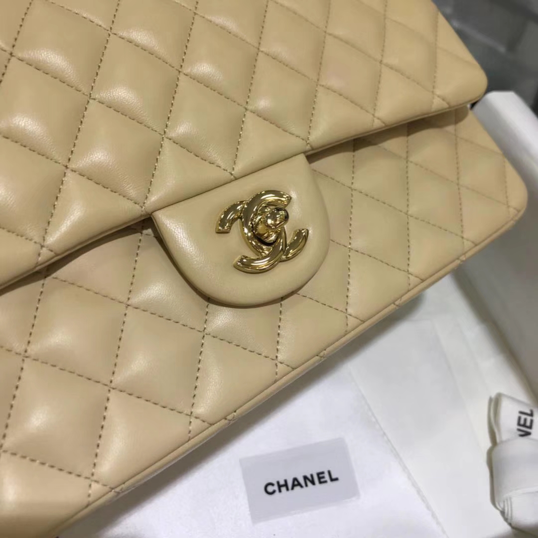 Chanel 香奈儿 CF经典系列  25cm 原厂皮小羊皮 杏色 金色五金