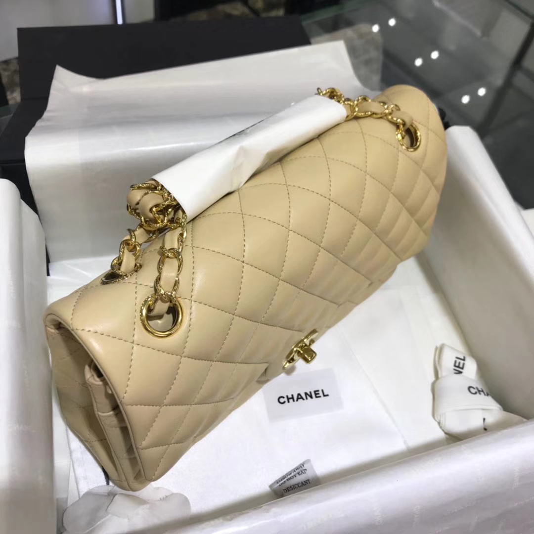 Chanel 香奈儿 CF经典系列  25cm 原厂皮小羊皮 杏色 金色五金