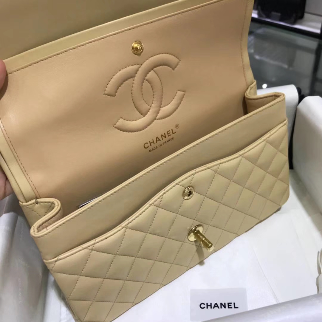 Chanel 香奈儿 CF经典系列  25cm 原厂皮小羊皮 杏色 金色五金