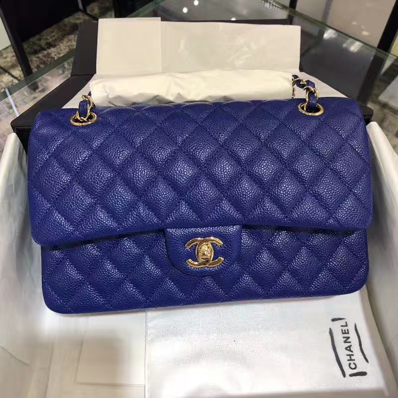 Chanel 香奈儿 CF 经典系列 鱼子酱 电光蓝 25cm 金扣