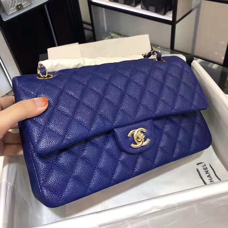 Chanel 香奈儿 CF 经典系列 鱼子酱 电光蓝 25cm 金扣
