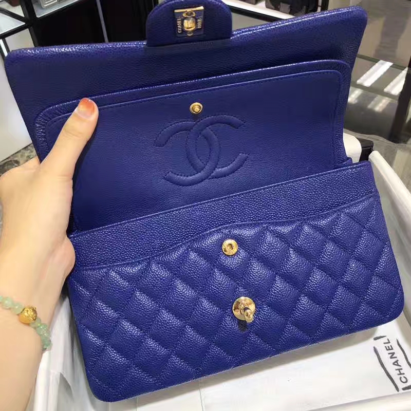 Chanel 香奈儿 CF 经典系列 鱼子酱 电光蓝 25cm 金扣