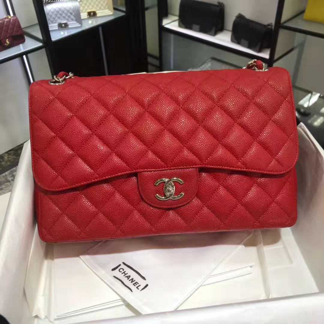 Chanel 香奈儿 Cf系列  30cm 原厂皮鱼子酱 大红色 银色五金