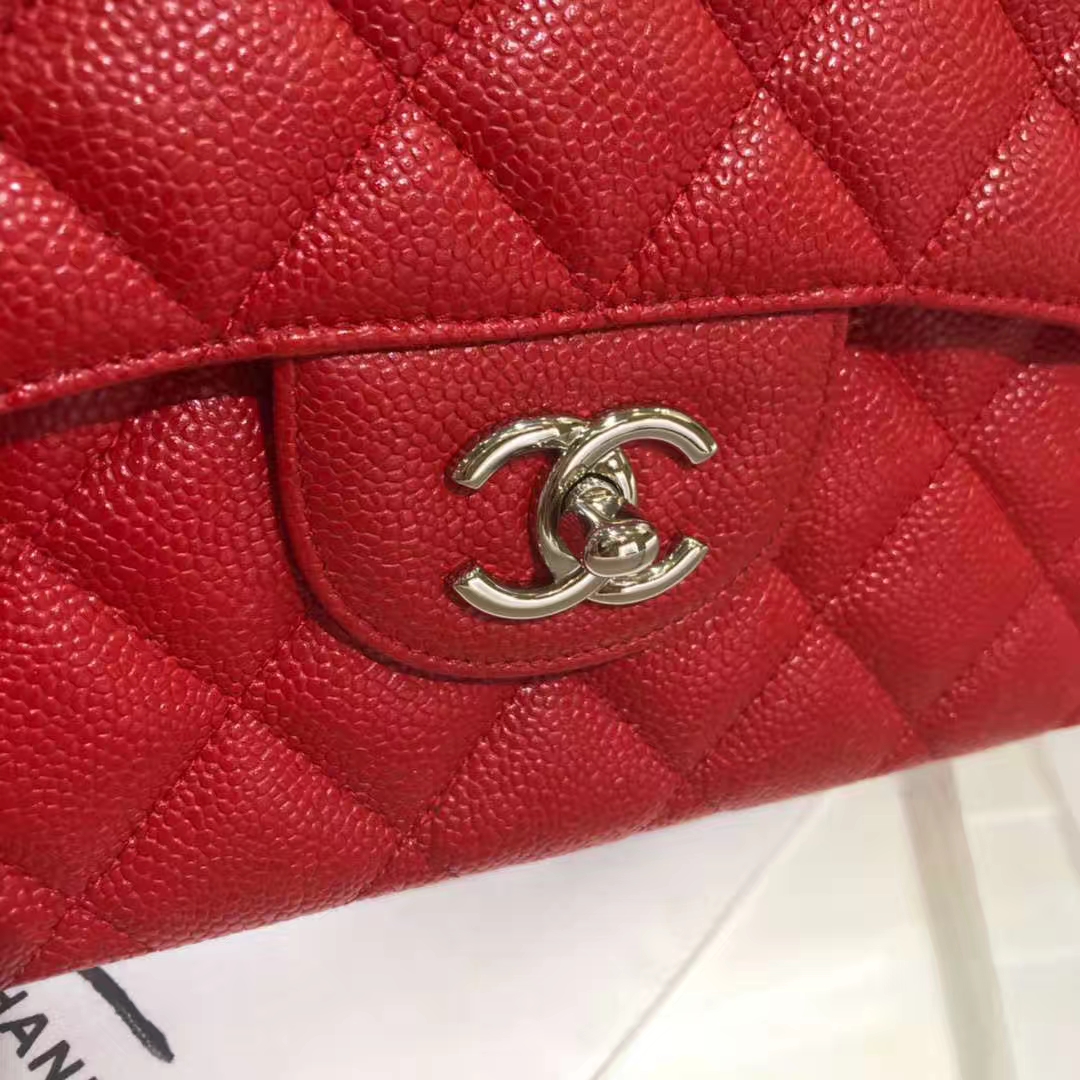 Chanel 香奈儿 Cf系列  30cm 原厂皮鱼子酱 大红色 银色五金
