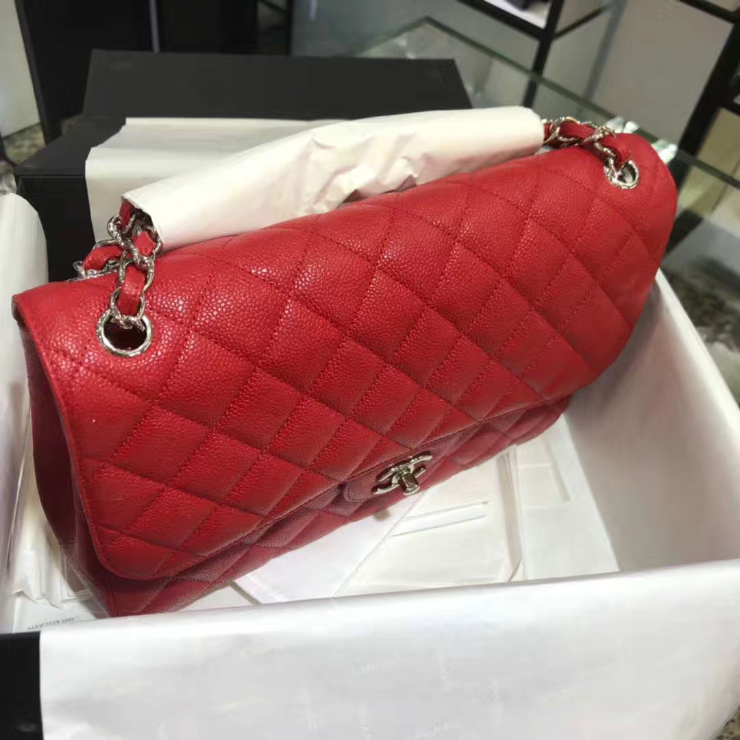 Chanel 香奈儿 Cf系列  30cm 原厂皮鱼子酱 大红色 银色五金