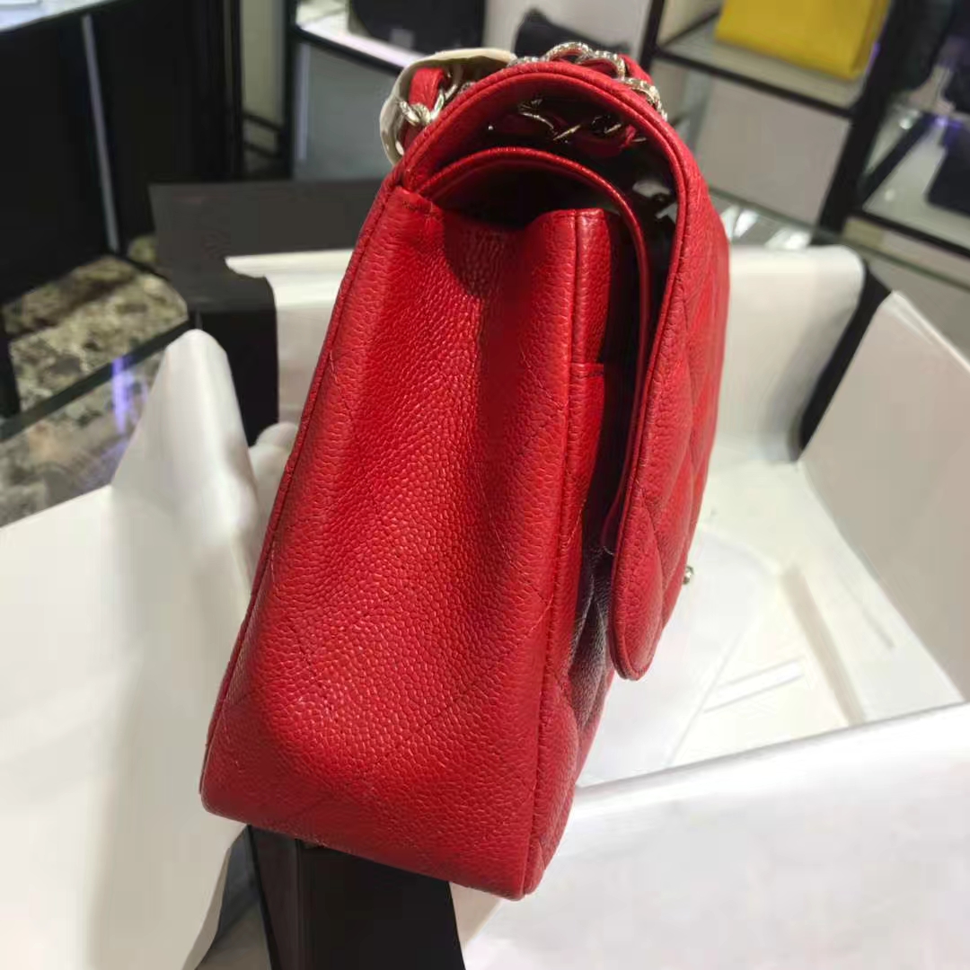 Chanel 香奈儿 Cf系列  30cm 原厂皮鱼子酱 大红色 银色五金