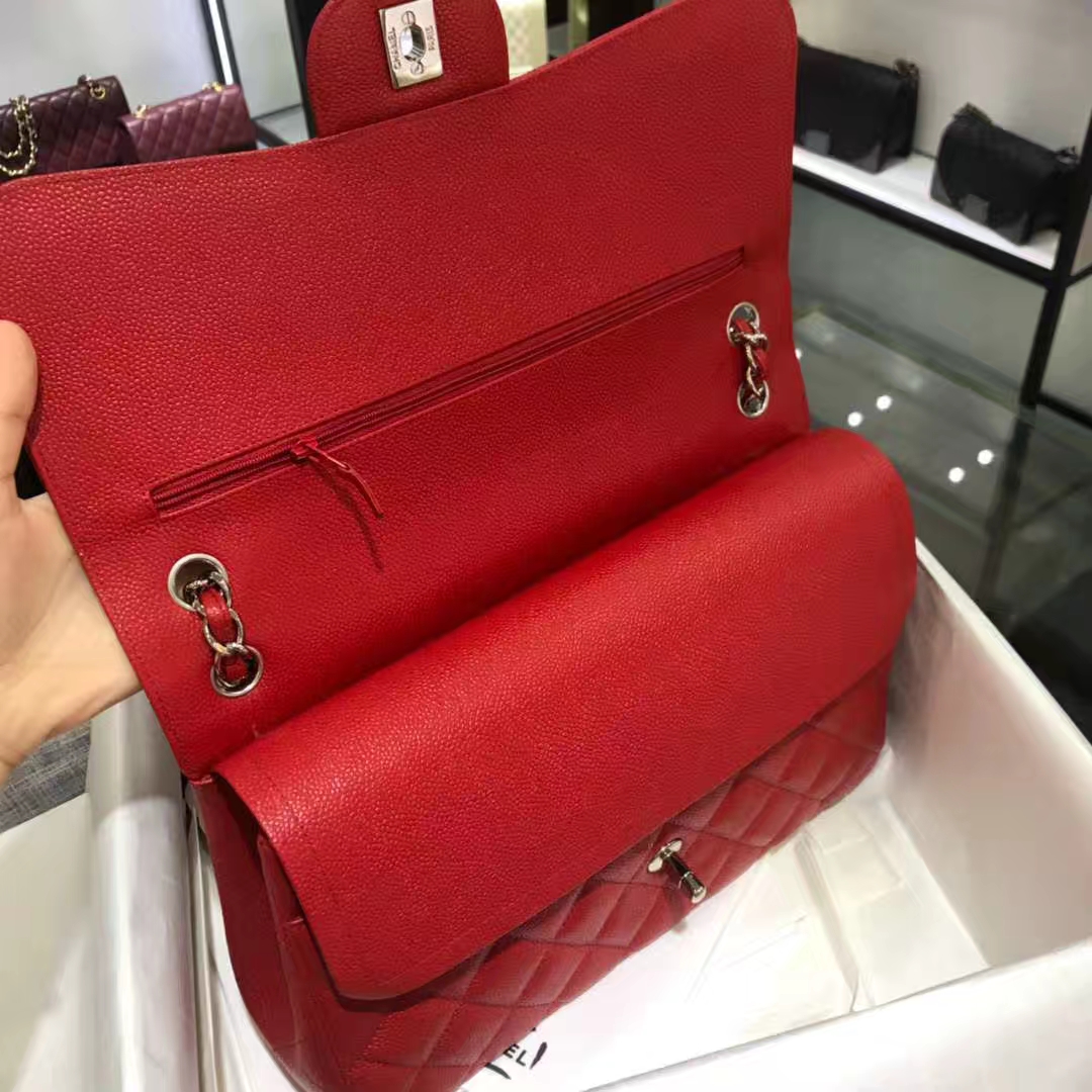 Chanel 香奈儿 Cf系列  30cm 原厂皮鱼子酱 大红色 银色五金