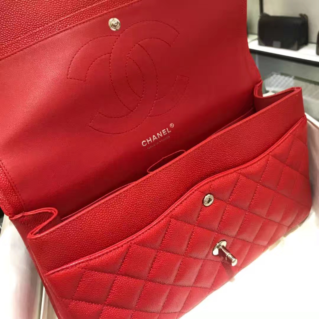 Chanel 香奈儿 Cf系列  30cm 原厂皮鱼子酱 大红色 银色五金