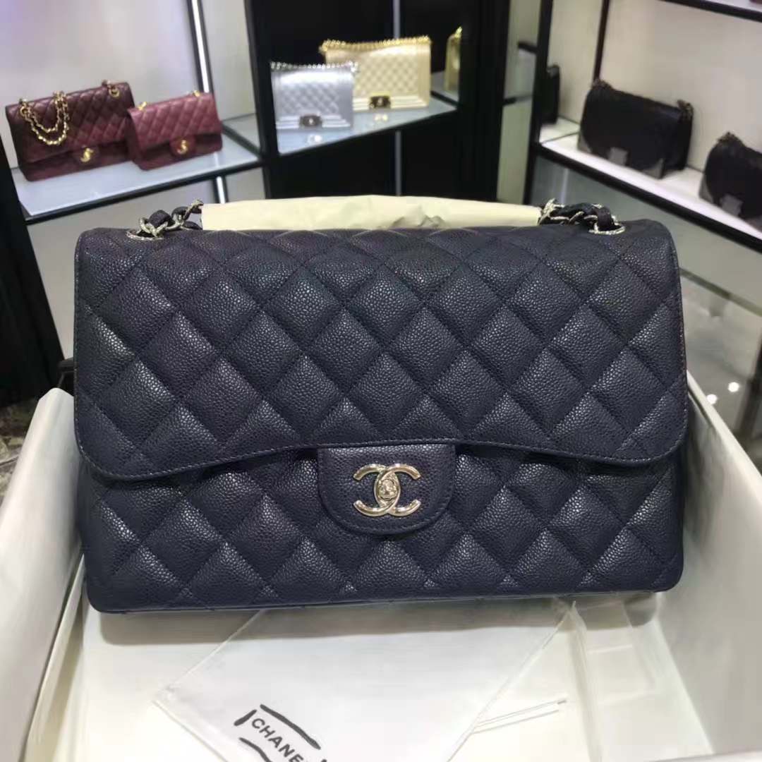 Chanel 香奈儿 Cf系列  30cm 原厂皮鱼子酱 海军蓝 银色五金