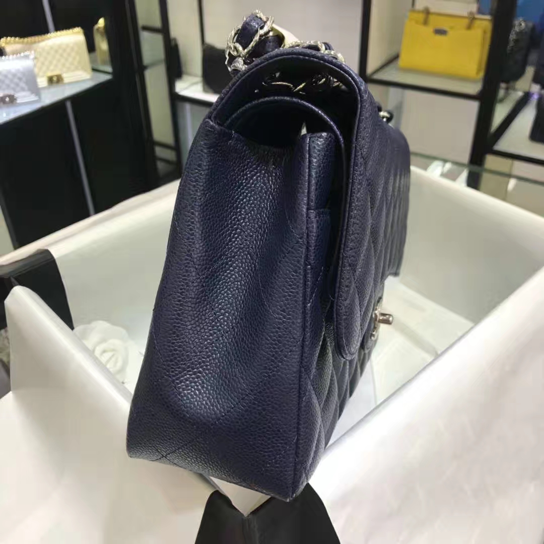 Chanel 香奈儿 Cf系列  30cm 原厂皮鱼子酱 海军蓝 银色五金