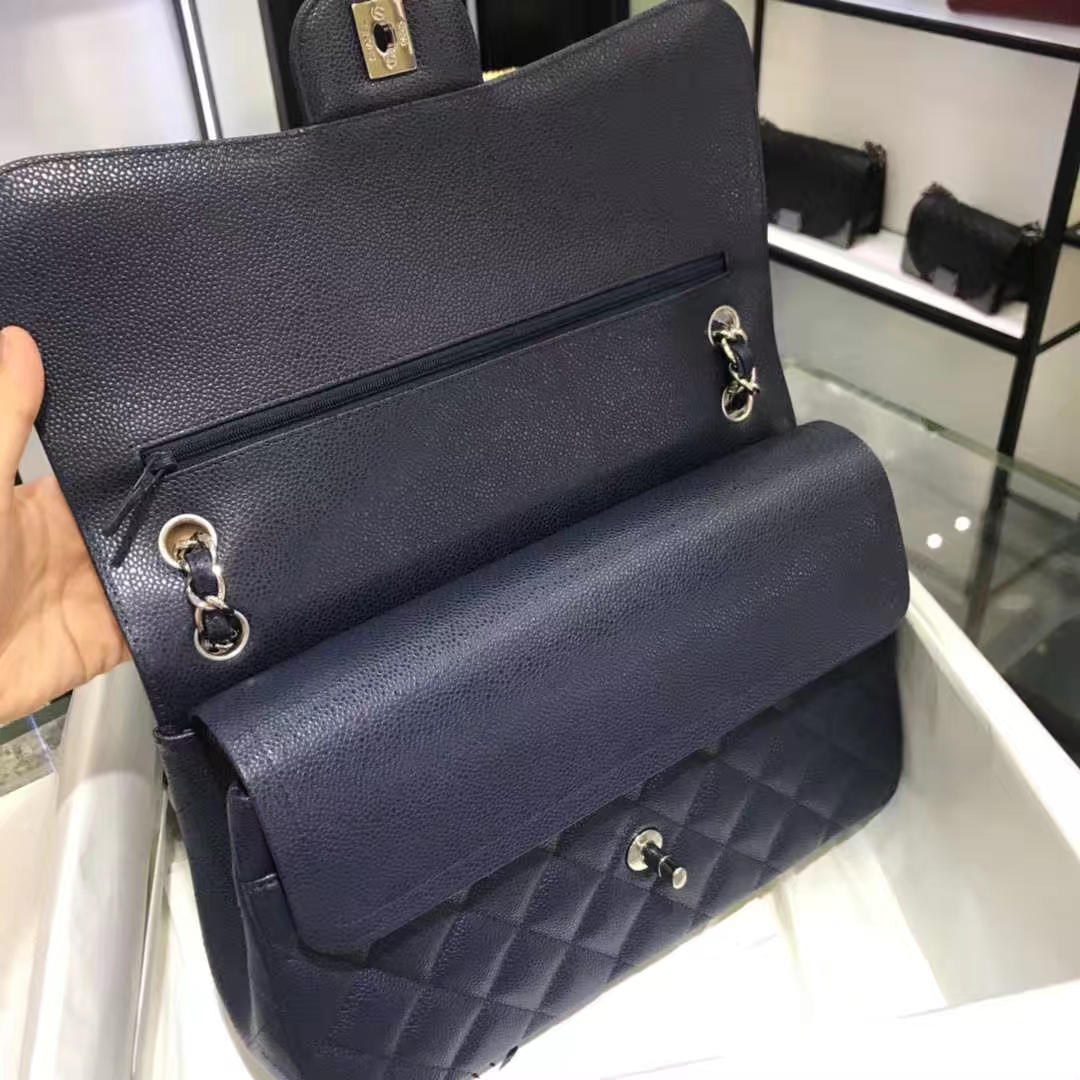 Chanel 香奈儿 Cf系列  30cm 原厂皮鱼子酱 海军蓝 银色五金