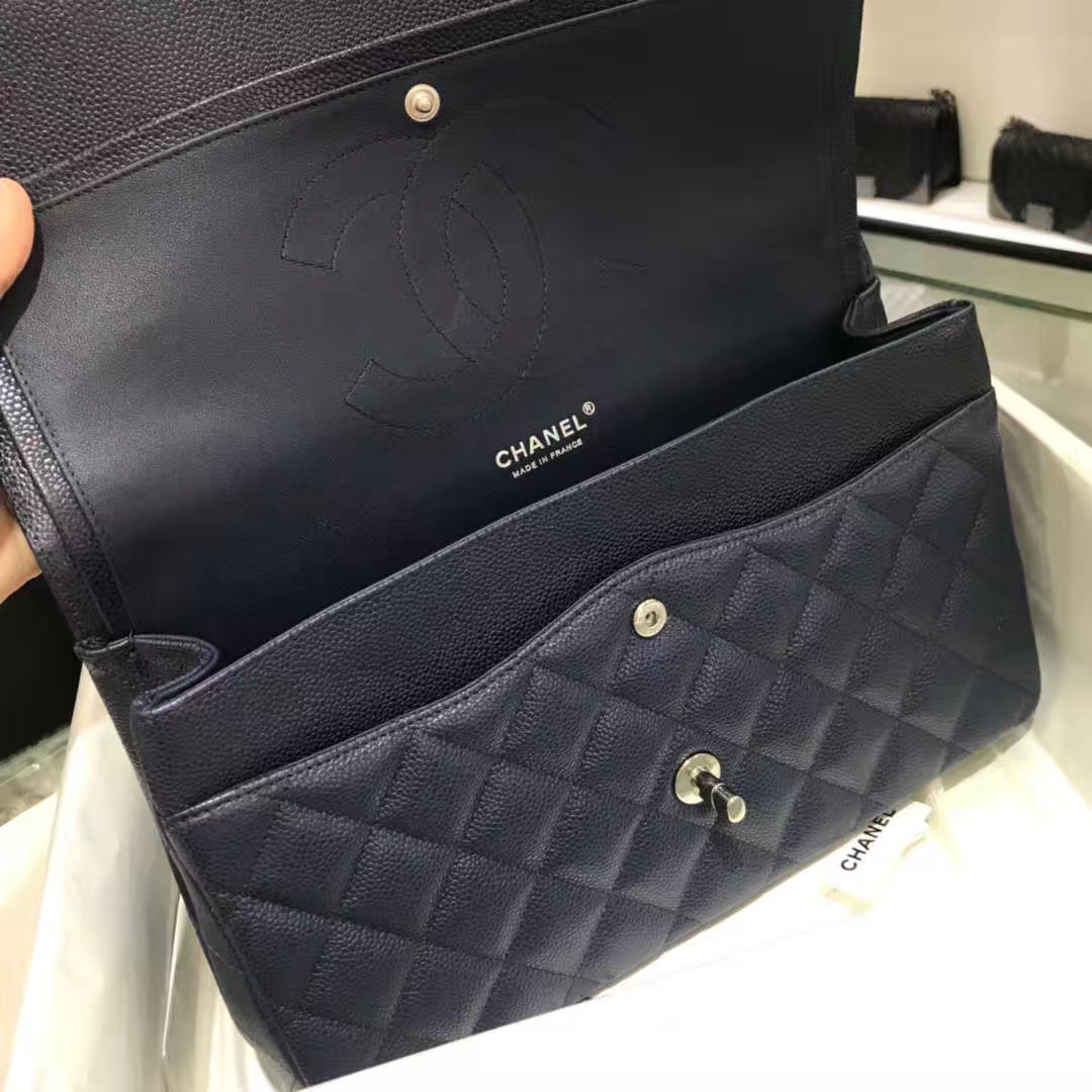 Chanel 香奈儿 Cf系列  30cm 原厂皮鱼子酱 海军蓝 银色五金