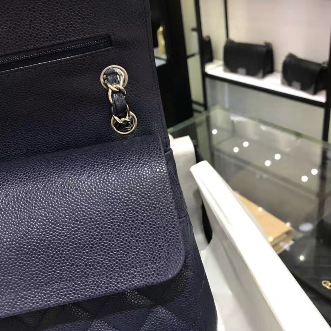 Chanel 香奈儿 Cf系列  30cm 原厂皮鱼子酱 海军蓝 银色五金