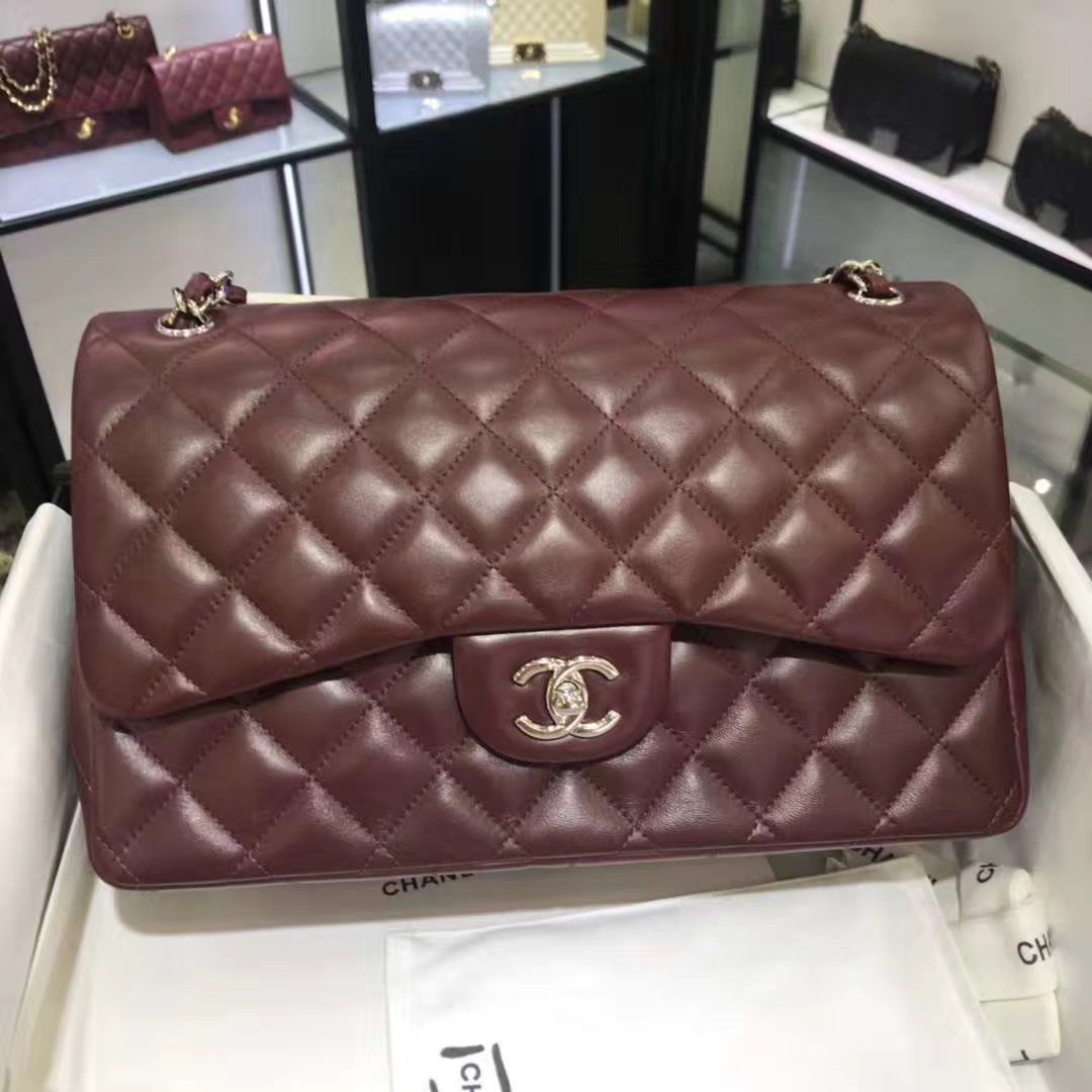 Chanel 香奈儿 Cf系列  30cm 原厂皮小羊皮 枣红色 银色五金