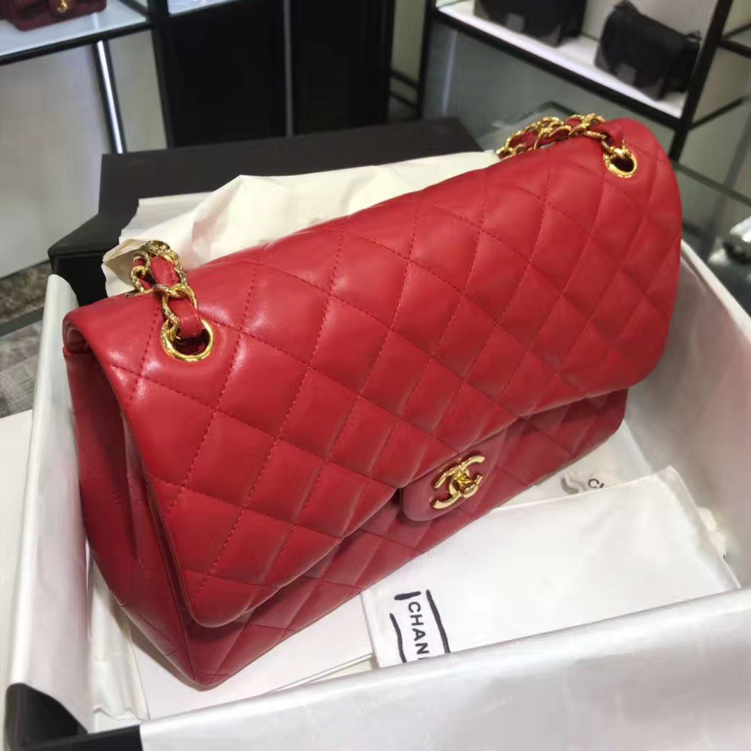 Chanel 香奈儿 Cf系列  30cm 原厂皮小羊皮 大红 金色五金