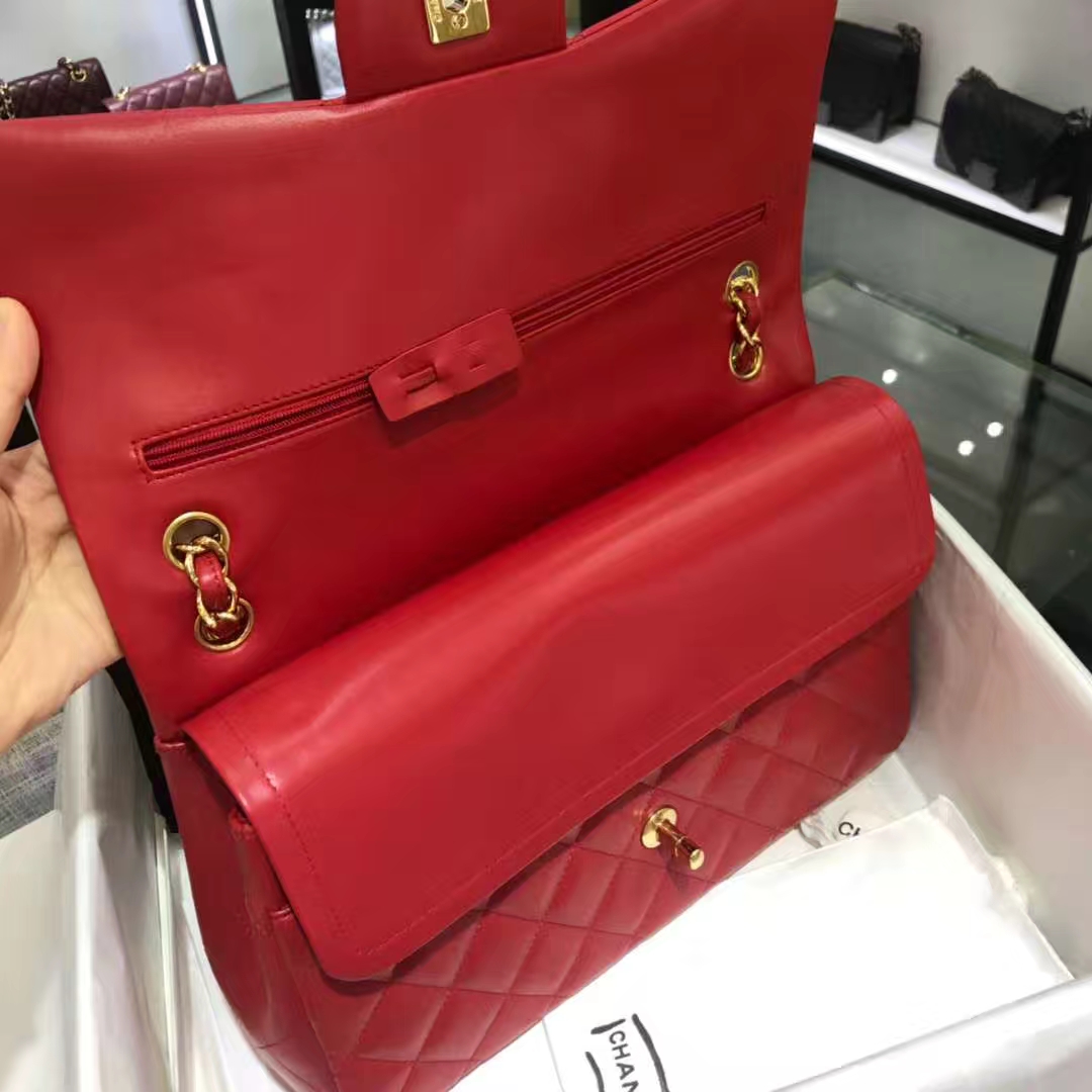 Chanel 香奈儿 Cf系列  30cm 原厂皮小羊皮 大红 金色五金
