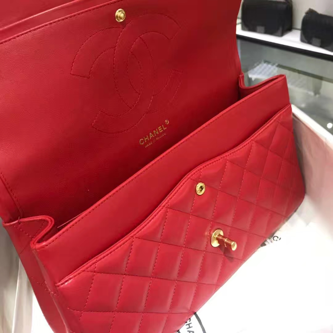 Chanel 香奈儿 Cf系列  30cm 原厂皮小羊皮 大红 金色五金