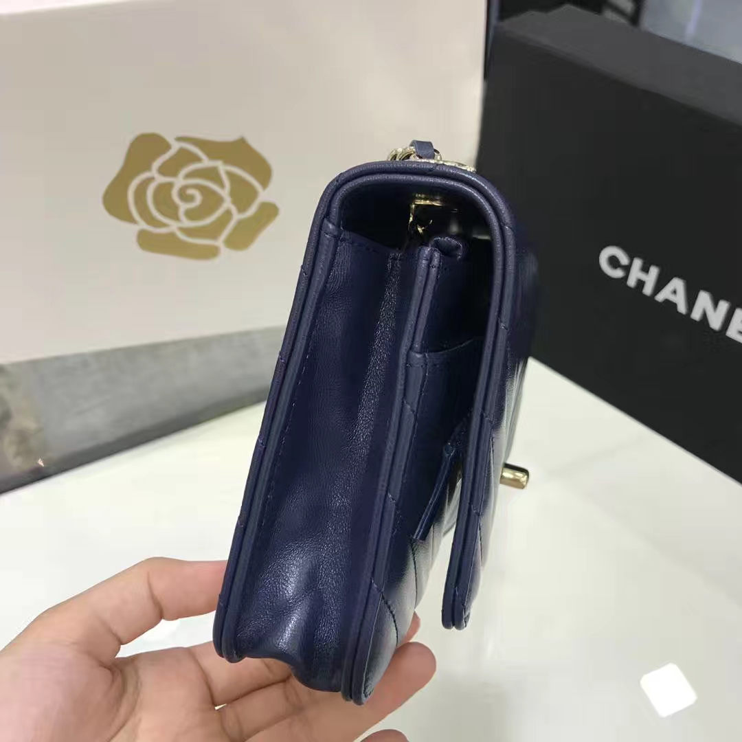 Chanel 香奈儿 WOC 铁片款  19cm 原厂皮小羊皮 宝石蓝 香槟金