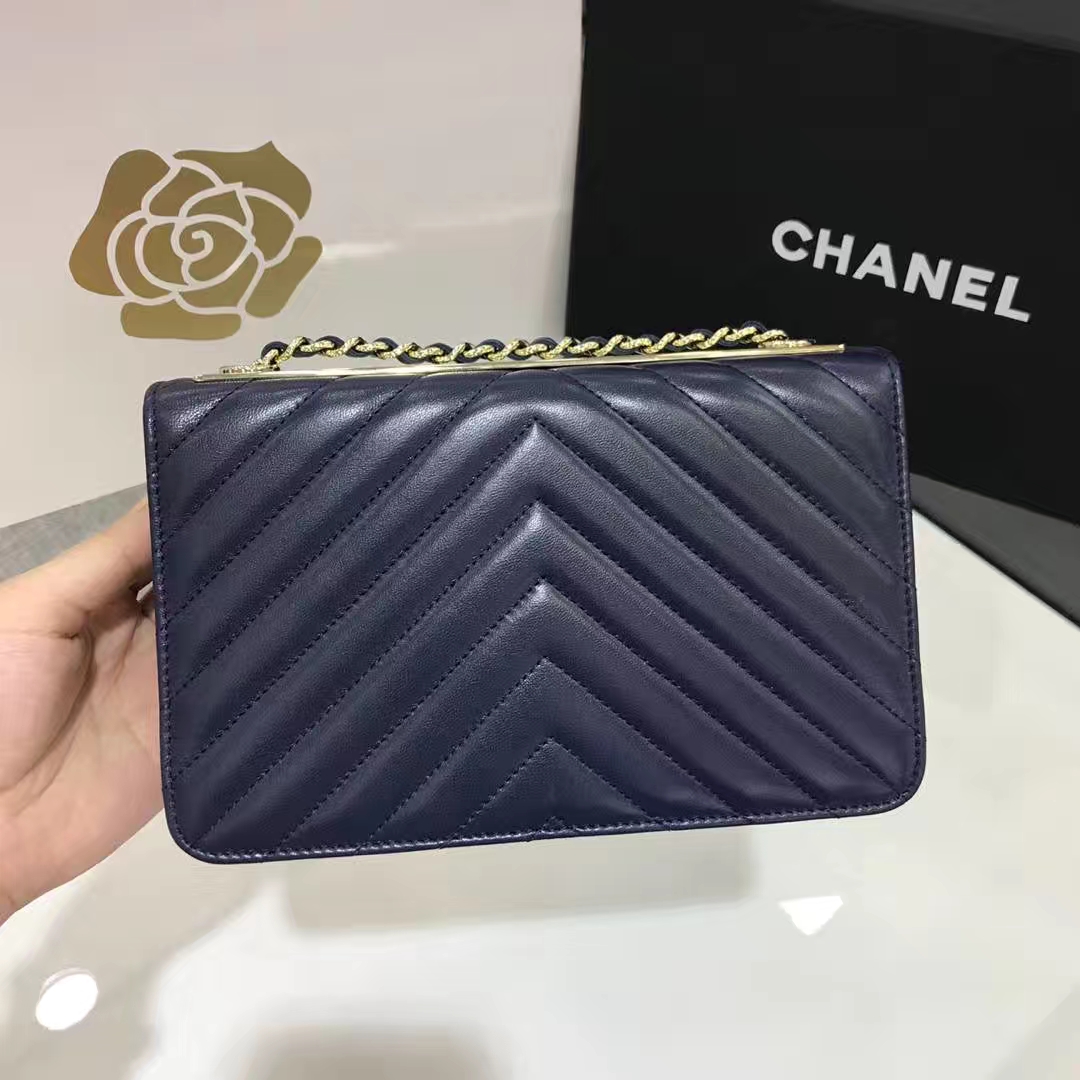 Chanel 香奈儿 WOC 铁片款  19cm 原厂皮小羊皮 宝石蓝 香槟金