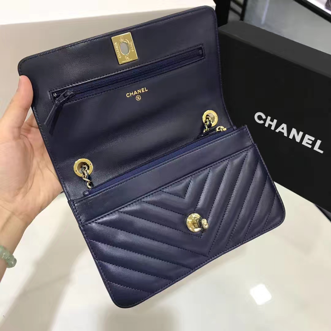 Chanel 香奈儿 WOC 铁片款  19cm 原厂皮小羊皮 宝石蓝 香槟金
